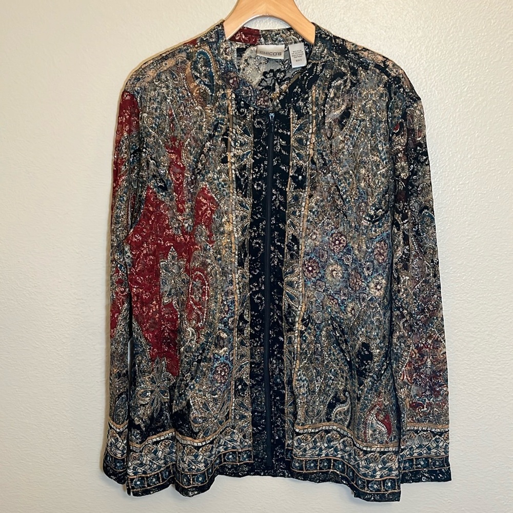 Printed Long-Sleeve Paisley Blouse - Black and Red